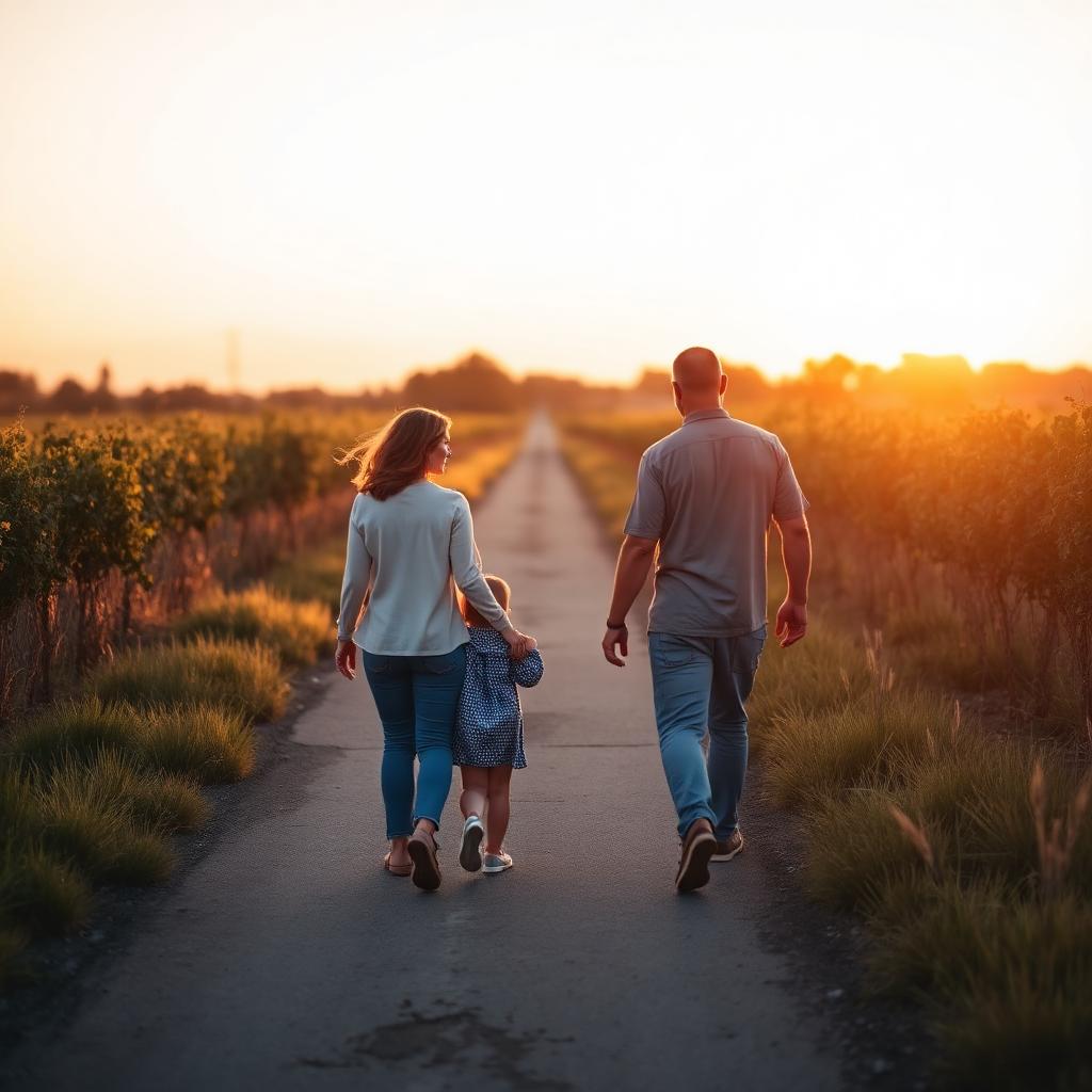 Co-parents and child walking together at sunset