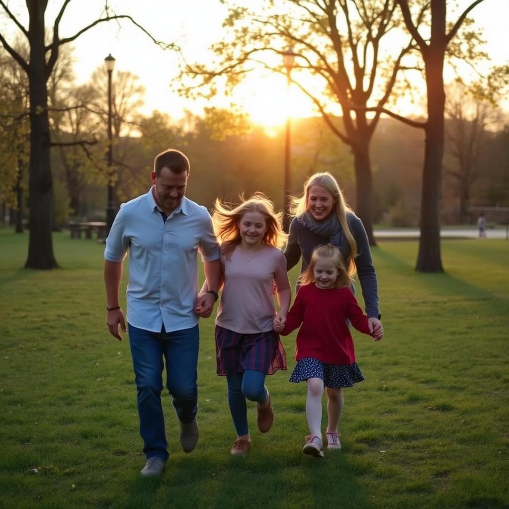 A family walking together in a park at golden hour
