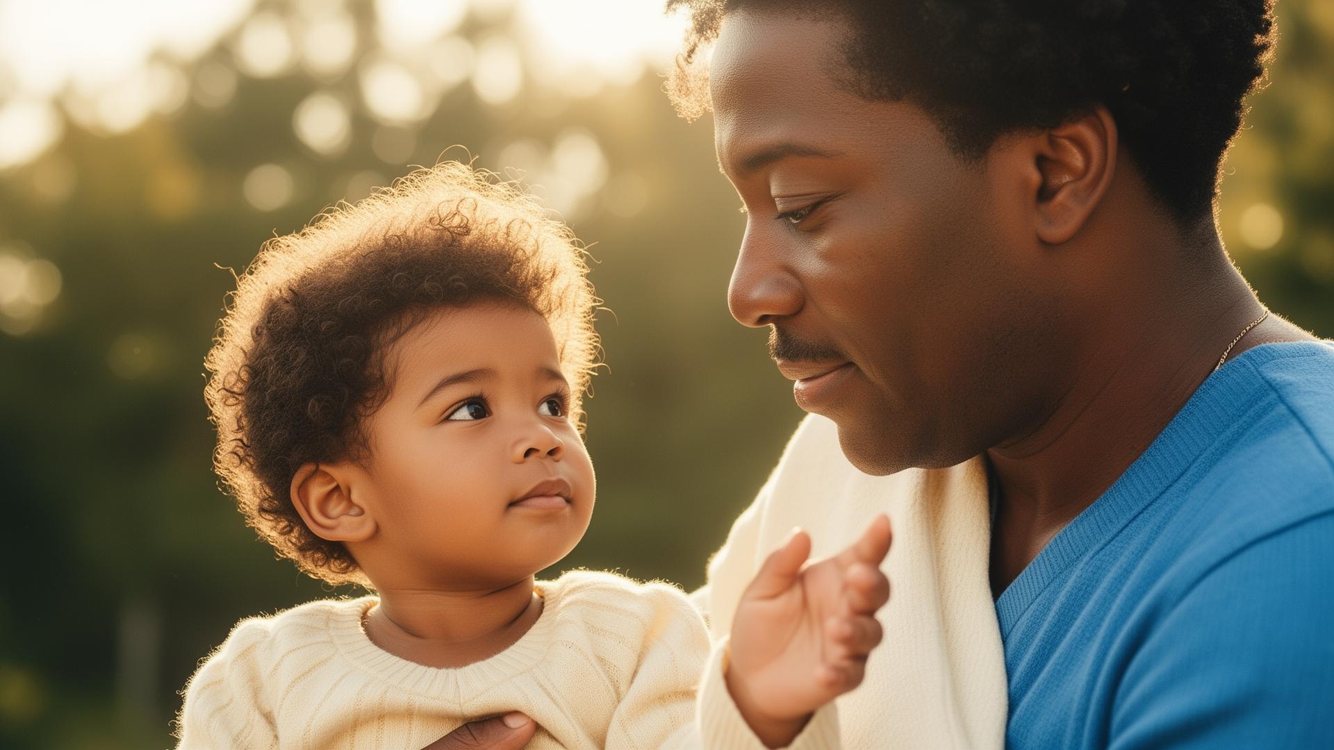 A parent gently holding their child outdoors in warm natural light